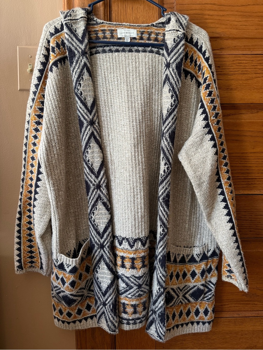 Lucky Brand Hooded Tribal Open-Front Cardigan - Beige/Navy/Gold
